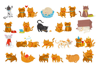 Cats and Dogs Domestic Pet with Cute Snout Engaged in Different Activity Big Vector Set