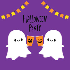 Happy halloween party greeting card with cute ghost. Holidays cartoon character. Trick or treat. Halloween funny cartoon.