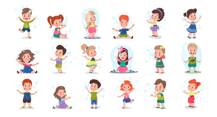 Cute Children Playing with Soap Bubbles Blowing and Enjoying Vector Big Set
