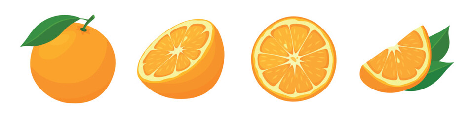 Set of fresh yellow orange in cartoon style. Vector illustration of fruits whole and cut, with leaves on white background.