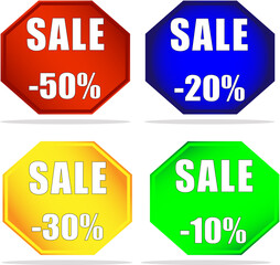 Sale tags set vector badges template, 10,20,30,40,50,percent sale symbols labels