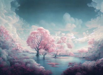 Fototapeta premium fantasy surreal landscape in pastel colours, digital art