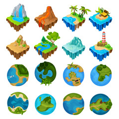 Islands for Computer Game with Desert, Forest, Tropical Beach with Treasure Chest, Ice, Volcano and Globe Earth Sphere Big Vector Set