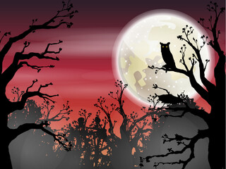 Halloween Woods Background with Owl and Full Moon. Vector Illustration