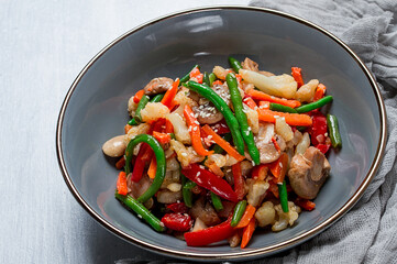 Wok, Asian-style vegetables, street food, mixed vegetables, no people, top view,