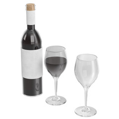 3D rendering illustration of a wine bottle and glasses