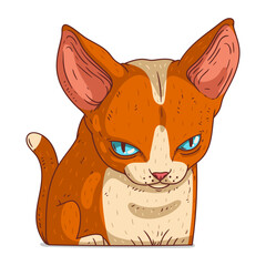 A Red Cat, isolated vector illustration. Cute cartoon picture for children of a calm domestic cat looking at you. Drawn cat sticker. Simple drawing of a ginger cat on white background. A sad kitty.