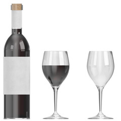 3D rendering illustration of a wine bottle and glasses