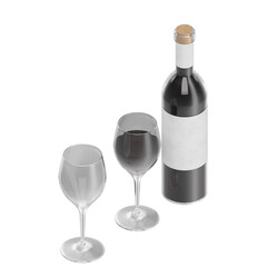 3D rendering illustration of a wine bottle and glasses