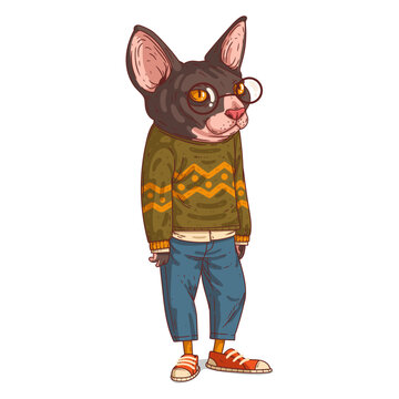 An Urban Cat, isolated vector illustration. Cartoon picture of a sphynx in casual outfit and spectacles. Drawn feline sticker. Calm anthropomorphic cat on white background. A trendy dressed animal.