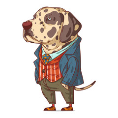 A Stylish Dalmatian, isolated vector illustration. Cute cartoon picture of a dog wearing a costume. Drawn animal sticker. An anthropomorphic dog on white background. A dressed animal. A hipster dog.