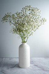 bouquet of gypsophila, white small flowers on a gray background, space for text,