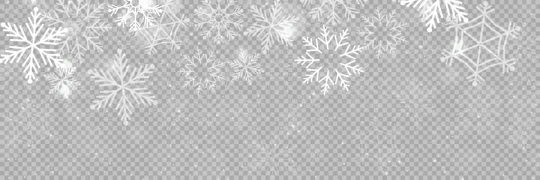 Vector heavy snowfall, snowflakes in different shapes and forms. Snow flakes, snow background. Falling Christmas. Stock royalty free vector illustration. PNG	