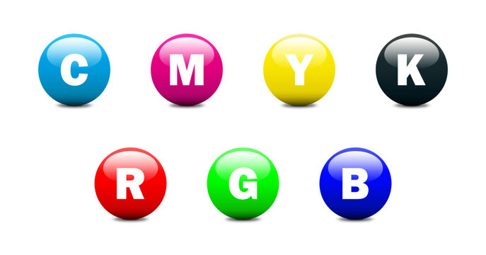 CMYK and RGB colorful glossy spheres. Cmyk icons. Rgb colors. Flat vector illustration.