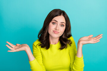 Closeup photo of young attractive pretty woman palms hands confused funny grimace look you isolated on cyan color background - obrazy, fototapety, plakaty