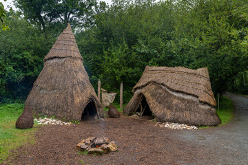 Middle Stone Age campsite with thatched huts and open fire in the Irish National Heritage Park © makasana photo