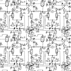 Scientific seamless texture with handwritten formulas and electronic components. Physics and schematic diagram and circuit of  the devices. Vector.