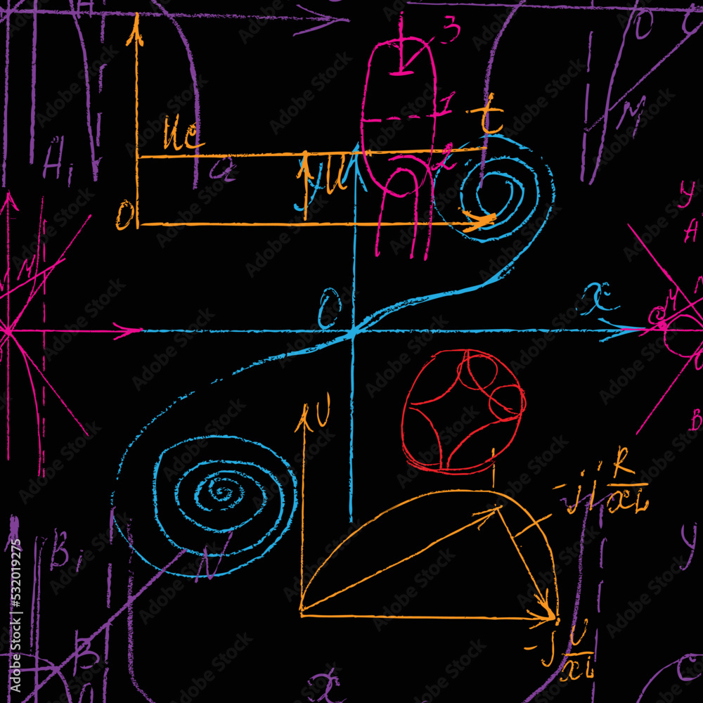 Poster seamless pattern of math and geometry, endless handwriting and drawing of various graph solutions on