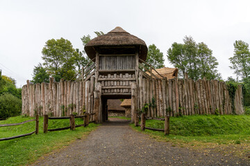 view of a reconstructed early medieval ringfort in the Irish National heritage Park