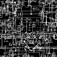 Scientific seamless texture with handwritten formulas and electronic components. Drawing of various graph solutions on chalk boards. Physics and schematic diagram and circuit of  the devices. Vector.