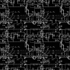 Scientific seamless texture with handwritten formulas and electronic components. Drawing of various graph solutions on chalk boards. Physics and schematic diagram and circuit of  the devices. Vector.