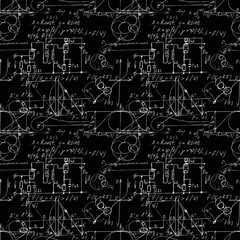 Seamless endless pattern background with handwritten mathematical formulas, math relationship or rules expressed in symbols, various operations such as addition, subtraction, multiplication, division