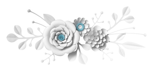White paper craft flower bouquet with butterfly. 3d flower illustration
