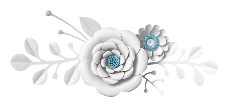 White paper craft flower bouquet with butterfly. 3d flower illustration