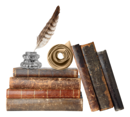 Old books, inkstand and scroll cut out