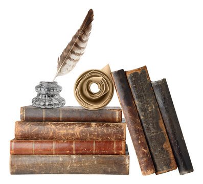 Old books, inkstand and scroll cut out