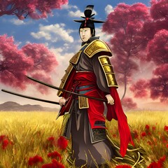 Noble samurai standing in field, vibrant colors. illustration