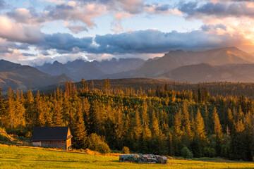 Golden hour sunset in Tatras Mountains, Carpathian, Podhale in Poland