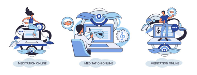 Meditation online metaphor. Classes on laptop, practicing yoga, mental exercises. Live stream, internet education. Wellness practice restore peace mind. Healthy lifestyle, clearing brain and managing