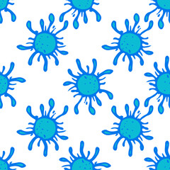 a pattern of blue bacteria. The seamless pattern of microbes has a round shape, hand-drawn in the style of doodles with a blue outline and curved tentacles. set the outline and silhouette of a black b