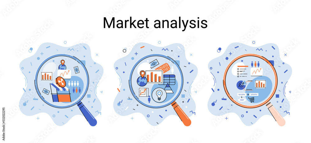 Poster market statistics data analysis metaphor marketing strategy development. business research. identify
