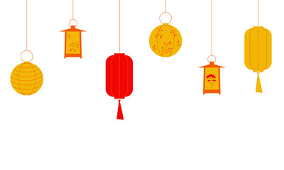 Set of lanterns isolated on a white background. Oriental Japanese lanterns with ornaments. Flat style. Vector.