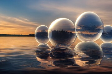 surrealism geometric illustration, 3d globes render, concept art background, dream, imagination, magic, surreal