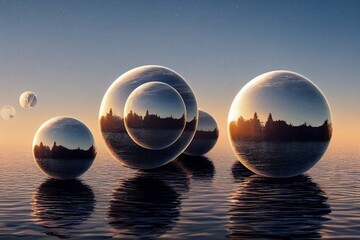 surreal globes background, 3d spheres render, concept art illustration, dream, imagination, magic, surrealism - obrazy, fototapety, plakaty