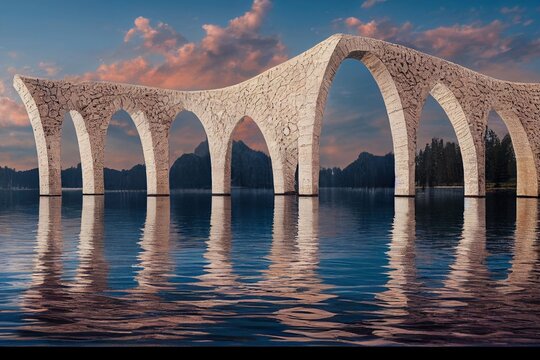 bridge over the water, surreal illustration, abstract background, surrealism, geometric, digital art