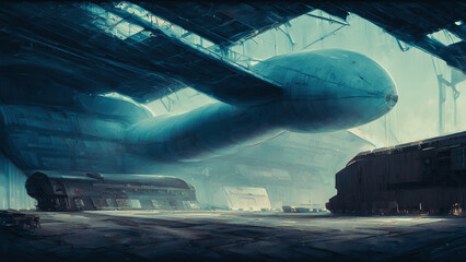 Artistic concept painting of a beautiful sci-fi spaceship in hangar. Tender and dreamy design, background illustration.