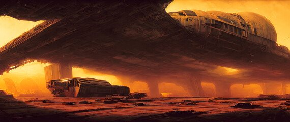 Naklejka na ściany i meble Artistic concept painting of a beautiful sci-fi spaceship in hangar. Tender and dreamy design, background illustration.