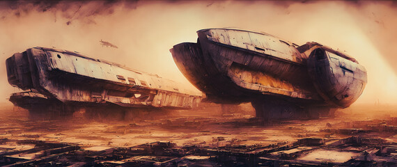 Artistic concept painting of a beautiful sci-fi spaceship in hangar. Tender and dreamy design, background illustration.