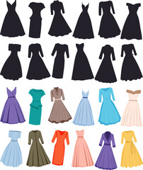 set of women's fashionable dresses, vector
