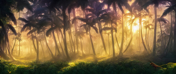 Artistic concept painting of a beautiful wilderness landscape, with a picturesque beach and palms in the background. Tender and dreamy design, background illustration.