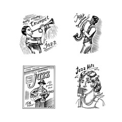 Woman jazz singer sings into a microphone Sketch. Afro American saxophonist. Male musician with a guitar in a hat on a poster. Hand drawn logo or badge. Doodle vector illustration.