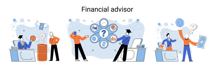 Financial advisor giving advice investment money market analysis management planning for customer. Fiscal consultant professional in finance. Business development successful vested interests metaphor