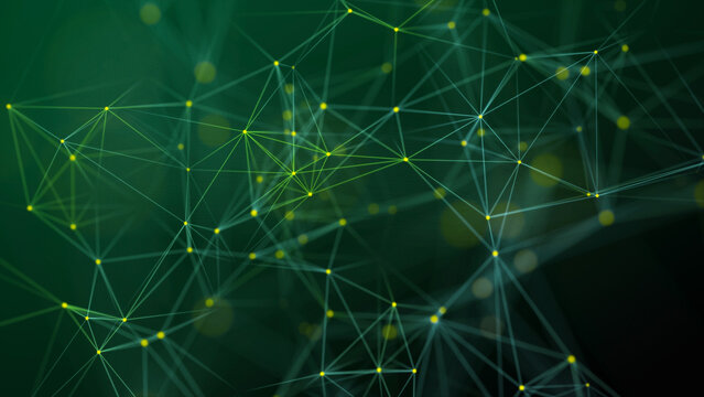 Visualization of big data. The concept of network connectivity . Abstract green background with lines and dots of different colors. 3D rendering.