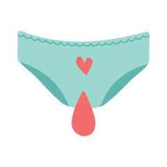 Menstruation hygiene.Female period products -women's panties with menstrual blood in the form of heart. Feminine menstrual care illustration.Menstrual period.Feminism.Gender equality.