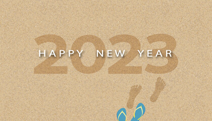 Happy new year 2023 text,footprint and sandal on brown sand beach background.Vector top view foot steps walking forward on sea sand, Banner concept for future or moving forward for businesss success