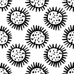 drawing of a round bacterium with short tentacles. seamless hand-drawn noodle pattern with isolated black outline on white. A viral bacterium is a round-shaped element with a texture of dots and strok